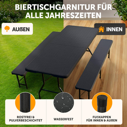 Blumtal Bierzeltgarnitur 3er Set klappbar, Rattan-Optik, schwarz