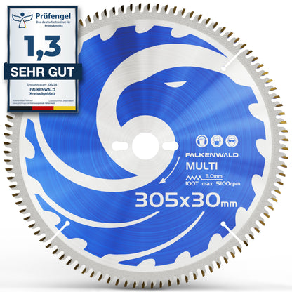 FALKENWALD Kreissägeblatt 305x30 mm Hartmetall für Metall & Holz. Rundes, silbernes Blatt mit Hartmetallzähnen zum präzisen Trennen von Metall & Holz.