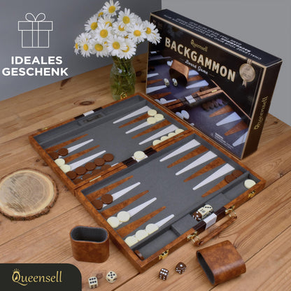 Queensell Backgammon Set 38 cm, Brettspiel im PU-Leder-Etui