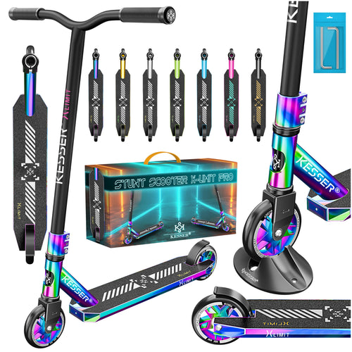 KESSER® Stunt Scooter X-Limit-Pro – 360° Lenkung mit Ständer. Robuster Roller mit T-Lenker und Deck für Freestyle-Stunts und Tricks.