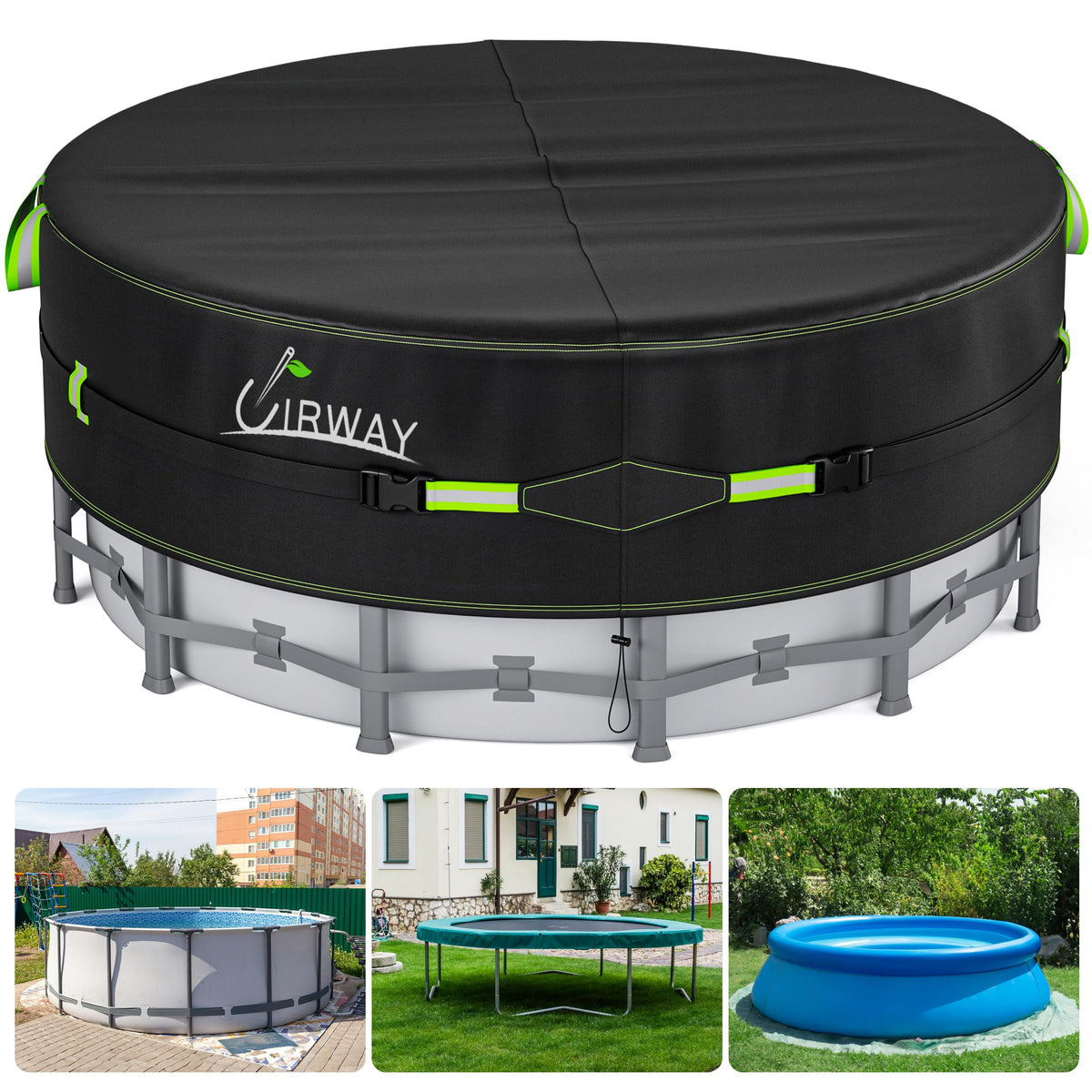 UIRWAY Poolabdeckung 305 cm, 420D Abdeckplane für runde Pools, silbernes Gewebe mit Kordelzug