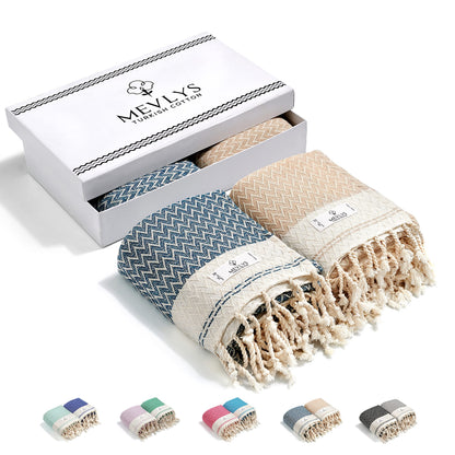 MEVLYS Hamamtuch im 2er-Pack, Baumwolle, Petrolblau/Pastellbeige, leichtes Tuch für Sauna und Strand
