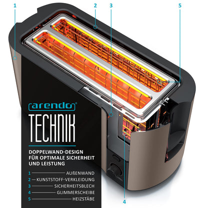 Arendo Frukost Langschlitztoaster für 4 Scheiben, Edelstahl Bronze