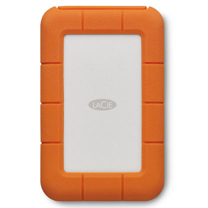 LaCie Rugged 4TB tragbare Externe Festplatte - USB-C STFR4000800. Robuste, orange-silberne, rechteckige Festplatte zur mobilen Datenspeicherung und Sicherung.