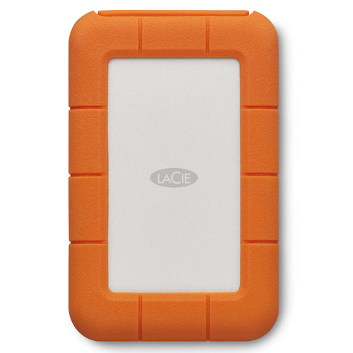 LaCie Rugged 4TB tragbare Externe Festplatte - USB-C STFR4000800. Robuste, orange-silberne, rechteckige Festplatte zur mobilen Datenspeicherung und Sicherung.
