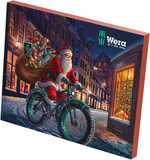 Wera Adventskalender 2023 Werkzeug-Set - 24-teilig. Rechteckiger Karton mit 24 Türchen, liefert täglich ein Werkzeug bis Weihnachten.