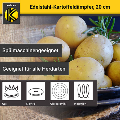 Krüger Edelstahl-Kartoffeldämpfer 20 cm Dampfgarer mit Glasdeckel