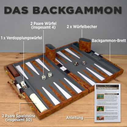Queensell Backgammon Set 38 cm, Brettspiel im PU-Leder-Etui