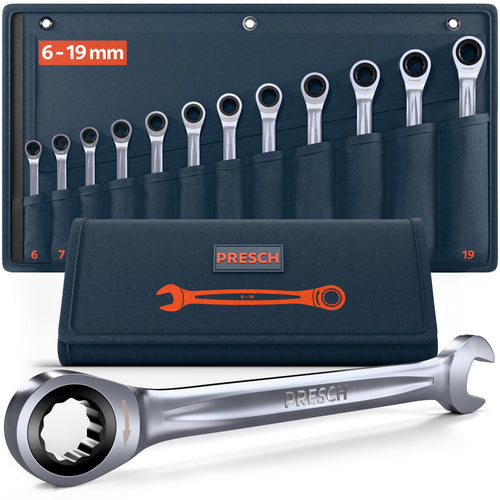 PRESCH Ratschenschlüssel Set 12tlg., 6-19 mm, inkl. Tasche, zwölf Ringratschenschlüssel aus Chrom-Vanadium-Stahl