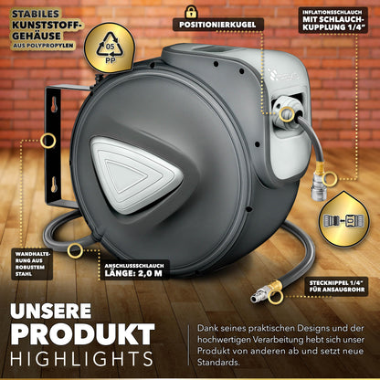 TRESKO Druckluftschlauch Aufroller automatisch 20m 1/4" Grau