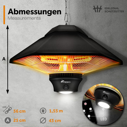 TRESKO Infrarot Deckenheizstrahler 1200W – mit Fernbedienung