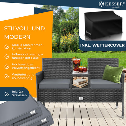 KESSER® Polyrattan Gartenbank 2-Sitzer mit Tisch – Anthrazit