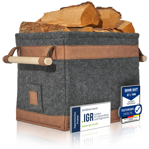 OAKAGE Holzkorb für Kaminholz Filz – Gross Dunkelgrau. Dunkelgrauer Filzkorb zum Transport und zur Lagerung von Kaminholz.