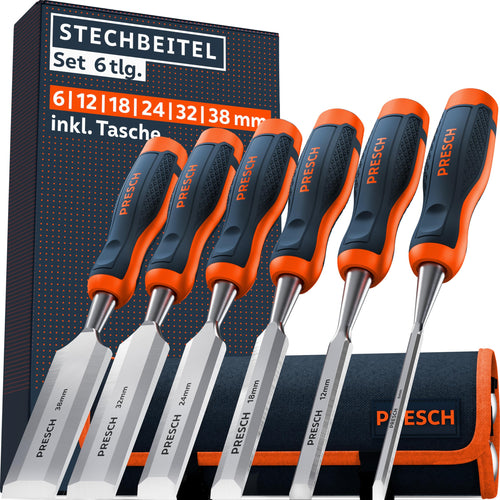 PRESCH Stechbeitel Set für Holz 6-teilig mit Metallschlagkappe, sechs Stecheisen in verschiedenen Breiten und Tasche