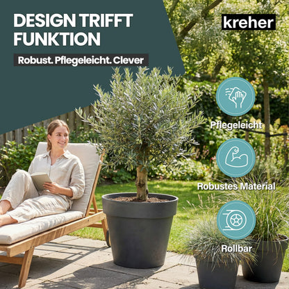 Kreher XL Pflanzkübel rund Ø 58 cm mit Rollen, Anthrazit