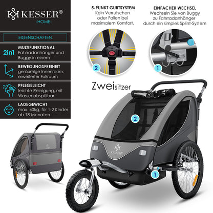 KESSER Kinder Fahrradanhänger 2in1 Jogger – 1-2 Kinder Hellgrau