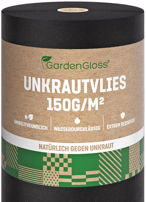 GardenGloss Unkrautvlies 150 g/m², Gartenvlies 25 m x 1 m, 1 Rolle – reissfest, wasserdurchlässig, zur Unkrautbekämpfung