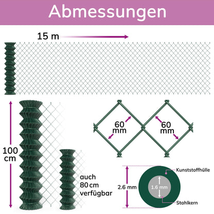 B!HOME Maschendrahtzaun mit Viereckgeflecht grün 100 cm x 15 m