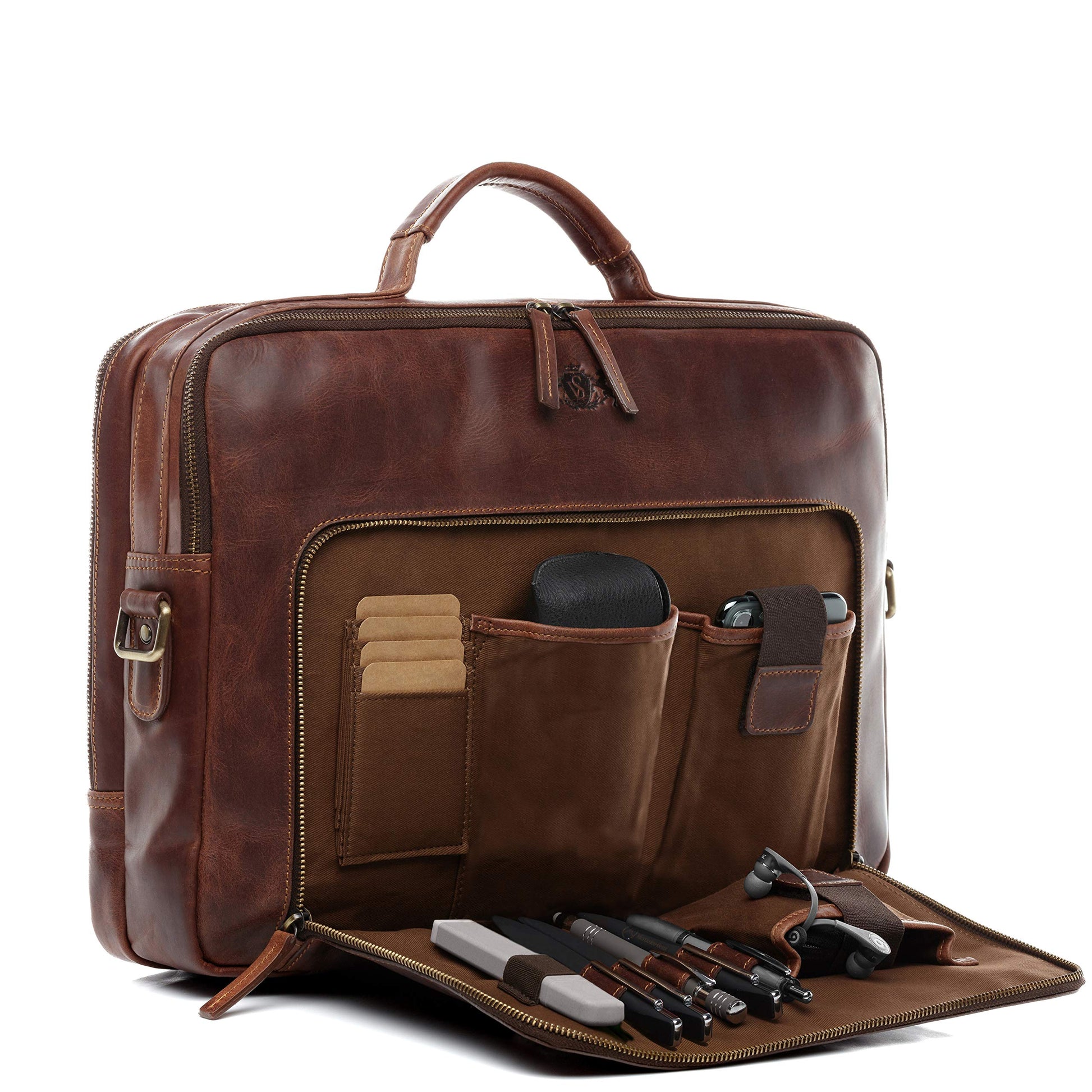 SID & VAIN Simon XL Laptoptasche 15.4 Zoll braun Echtleder. Rechteckige Echtleder-Tasche zum Schutz und Transport von 15.4 Zoll Laptops.