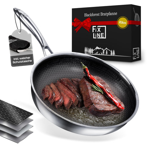 FIXLINE® Black Forest Bratpfanne 28cm. Schwarze, runde Pfanne mit 6,5cm hohem Rand. PFAS-freie Antihaft für Braten auf allen Herdarten.