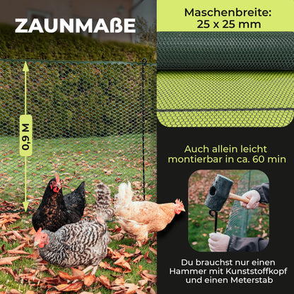 SELFmania Hühnerzaun 25 m, 90 cm hoch, grün, inkl. Stäbe und Erdanker