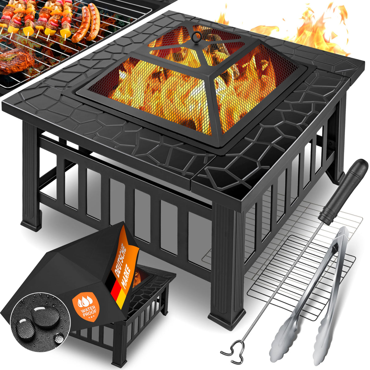 KESSER Feuerstelle 3in1 Feuerschale mit Grillrost und Funkenschutz, Metall in Stein-Optik