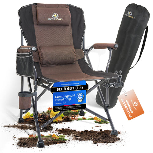 Naturkönig® Campingstuhl Faltbar Braun – Gross, bis 160 kg. Faltbarer Stuhl in Braun, dient als robuste Sitzgelegenheit für Camping und Outdoor.
