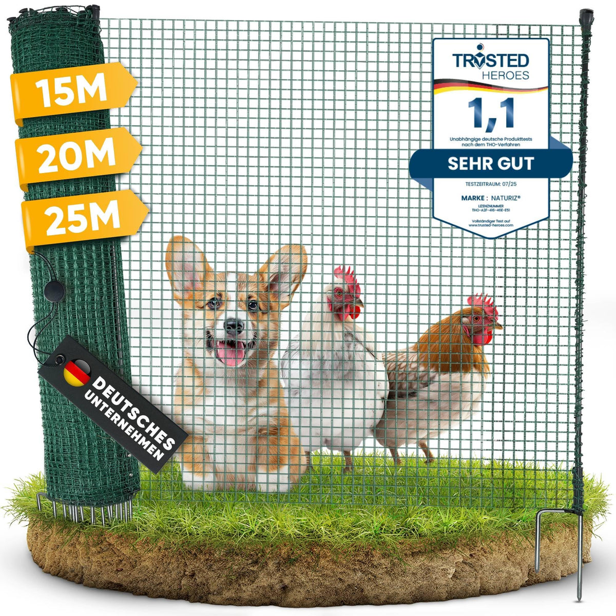 Naturiz mobiler Weidezaun & Hundezaun 25m, 90cm hoch, ohne Strom, grünes Netz mit Erdspitzen