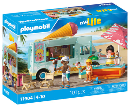 PLAYMOBIL 71904 Eiswagen mit Surfshop, Spielset ab 4 Jahren im Retro-Look mit Sonnenschirm