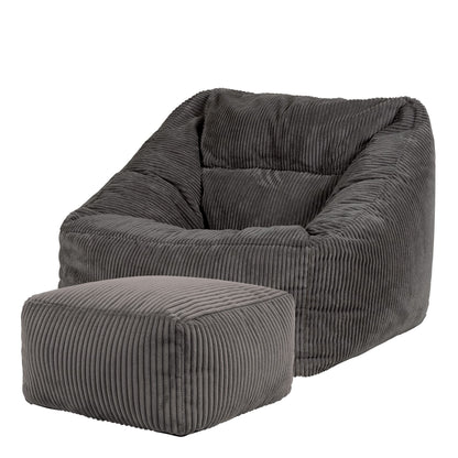 Icon Natalia Sitzsack mit Hocker – Dunkelgrau Cordstoff. Dunkelgrau, gerippter Cordstoff. Bietet flexible, komfortable Sitzgelegenheit mit Fußstütze.