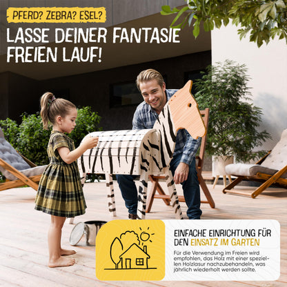 FRIEDO Holzpferd Gartenpferd - Höhenverstellbar mit Sattel & Geschirr