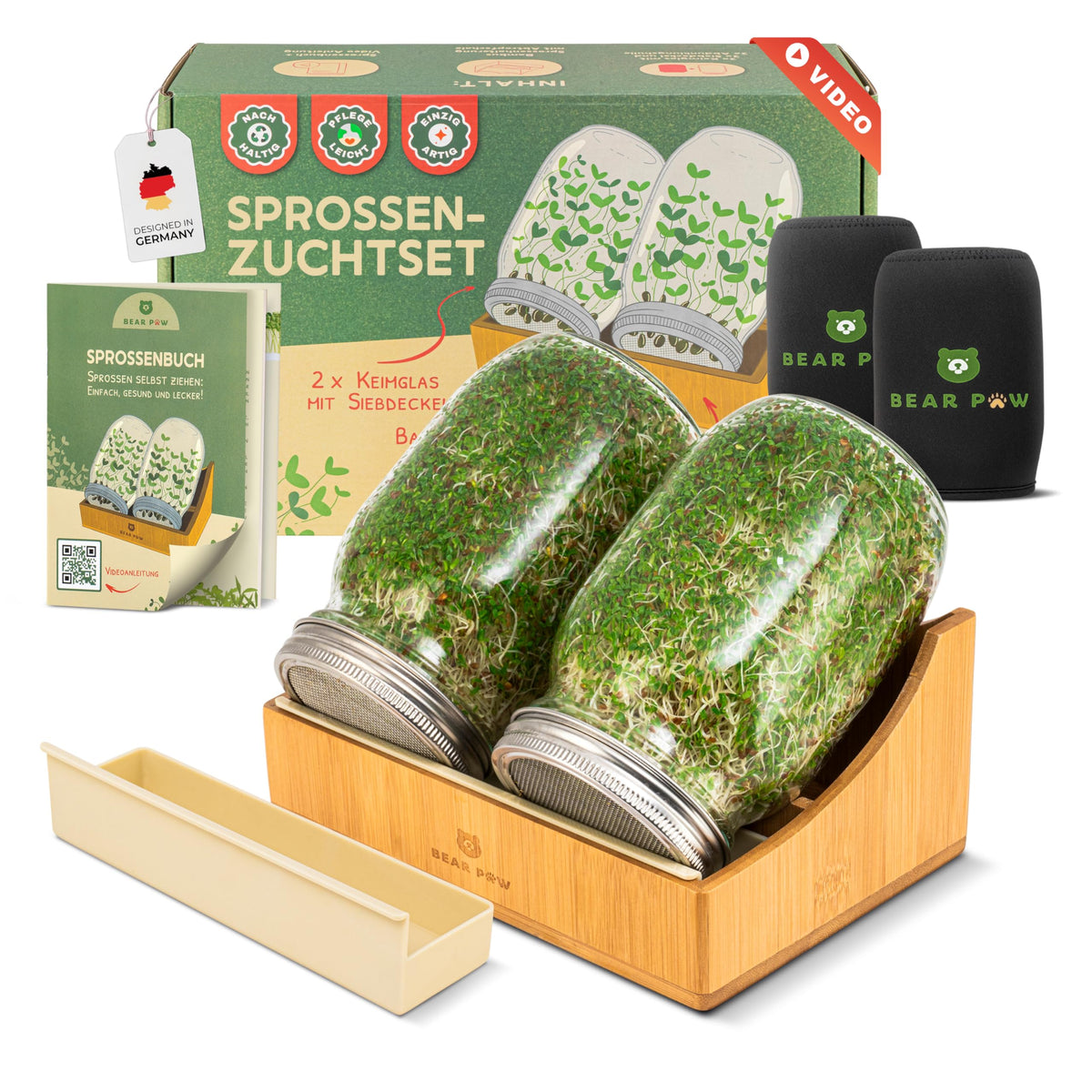 BEAR PAW Sprossenglas 2er Set 1000 ml Keimglas mit Bambushalterung und Edelstahl-Siebdeckeln
