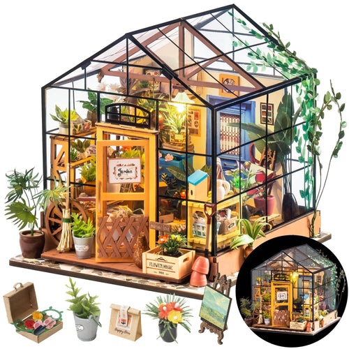 RoWood Miniatur Haus Cathys Blumenhaus, DIY Gewächshaus Bastelset aus Holz mit LED