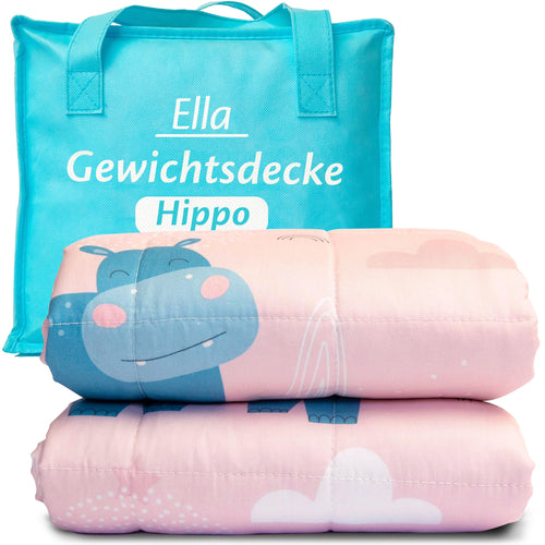 Ella Kinder Gewichtsdecke Therapiedecke 3.2kg 100x150cm - Hippo. Mit Hippo-Design. Beruhigt und fördert den Kinderschlaf.