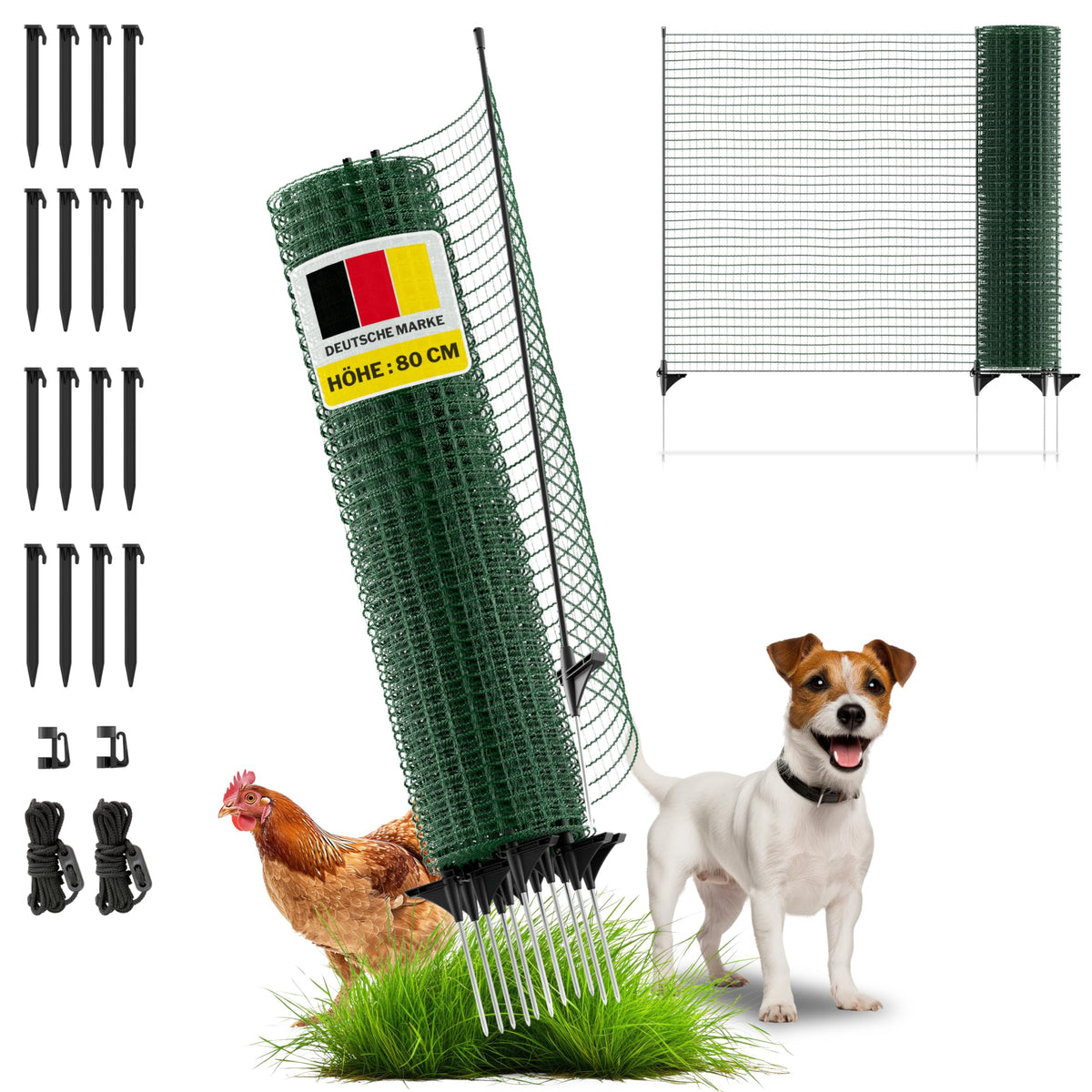 horizont Mobiler Hundezaun 20 m x 80 cm, Steckzaun mit 12 Pfählen – engmaschiges Netz
