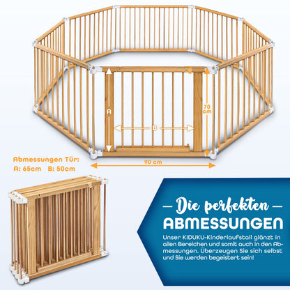 KIDUKU Laufgitter XXL klappbar mit Tür, 8 Elemente, Kiefer massiv