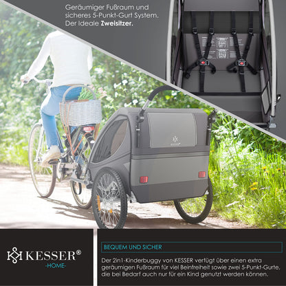 KESSER Kinder Fahrradanhänger 2in1 Jogger – 1-2 Kinder Hellgrau