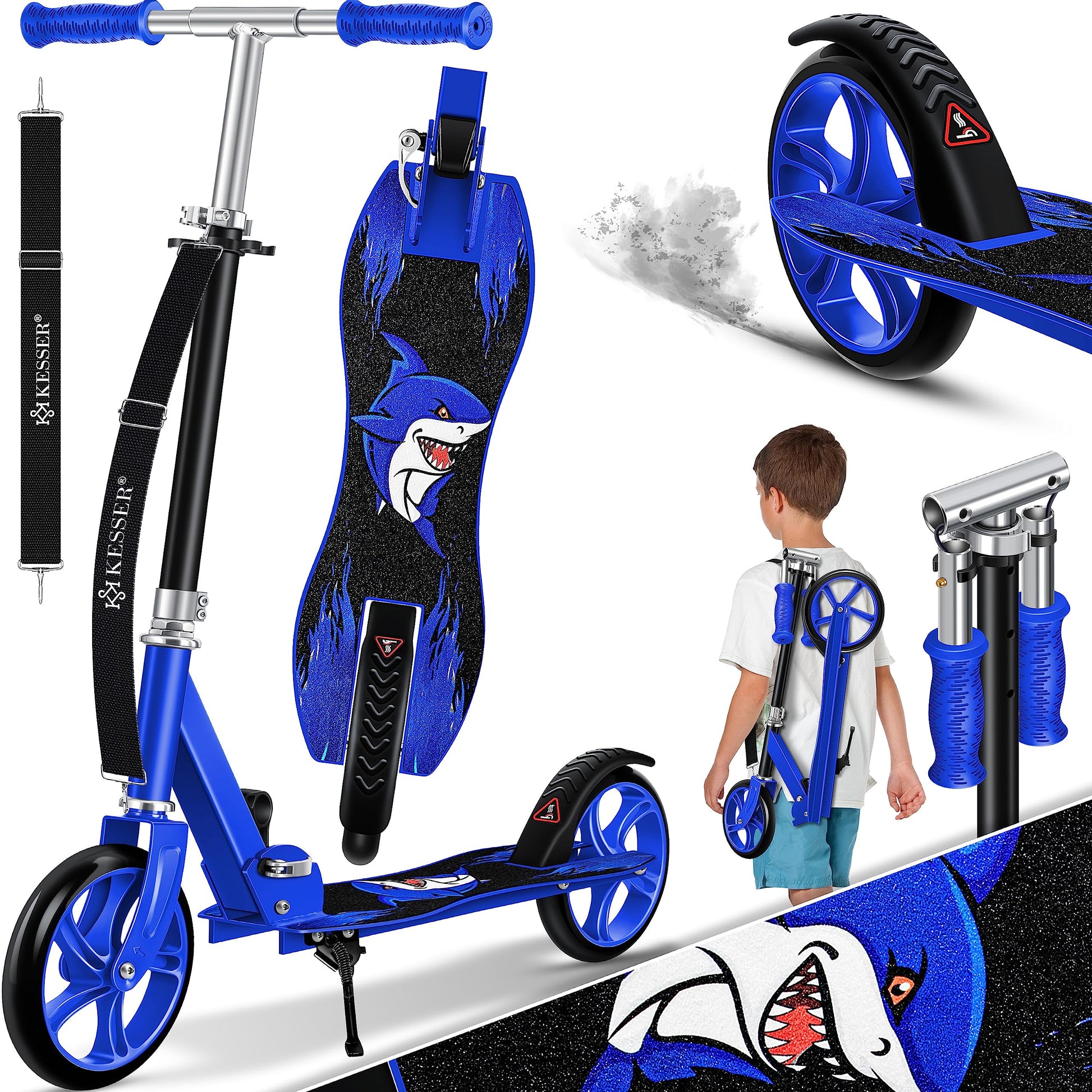 KESSER Shark City-/Tretroller Kickscooter klappbar blau. Blauer, klappbarer Kickscooter für urbane Fortbewegung.