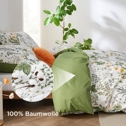 BEDSURE Bettwäsche 135x200 4teilig Baumwolle Salbeigrün Blumen