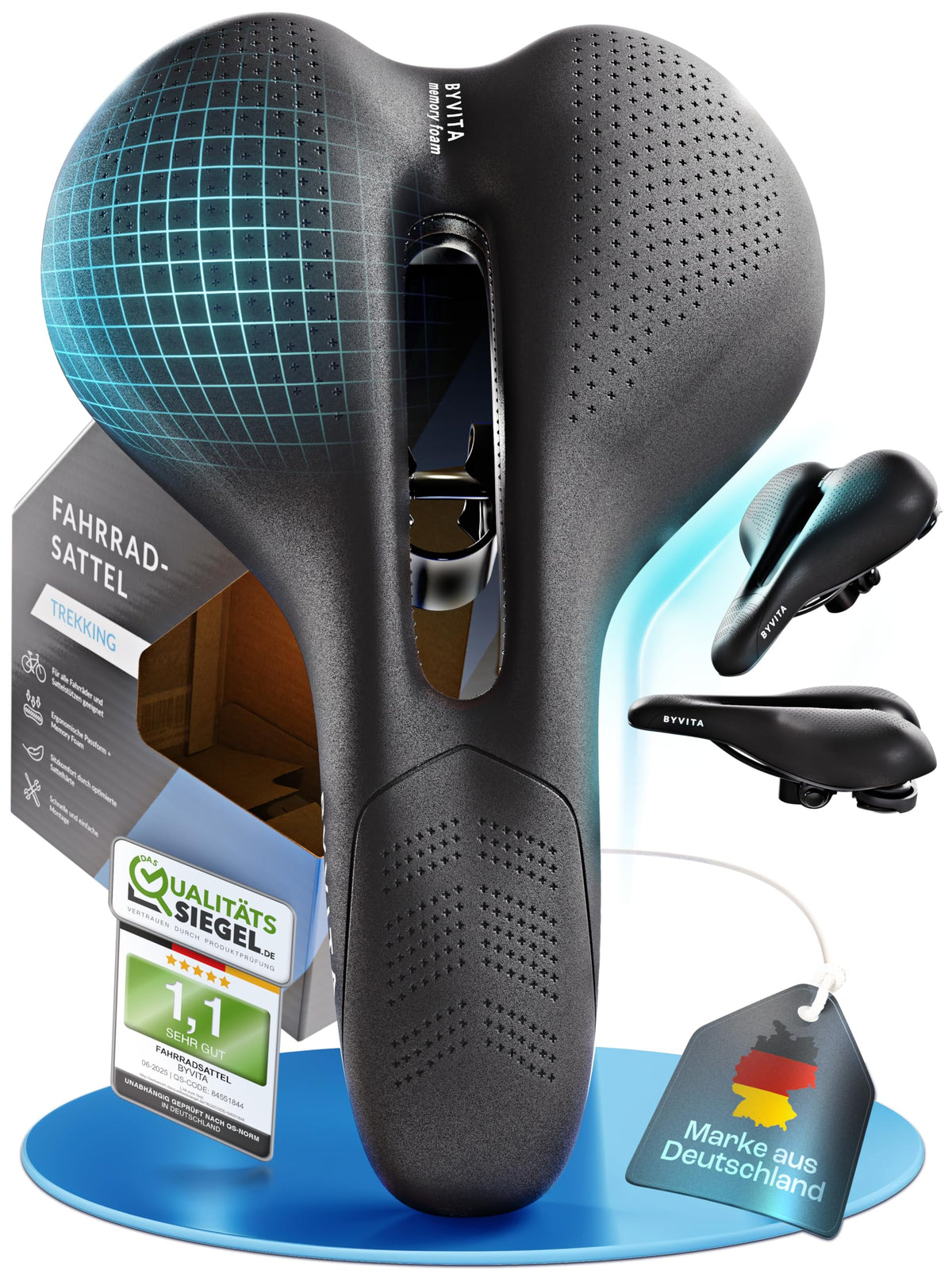 BYVITA ErgoFoam+ Fahrradsattel Trekking für Damen und Herren, ergonomische Form mit Grip-Textur