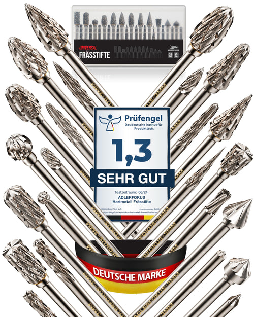 Adlerfokus Hartmetall-Frässtifte Set, 24 Stück, 3 mm Schaft – Fräser mit verzahntem Fräskopf