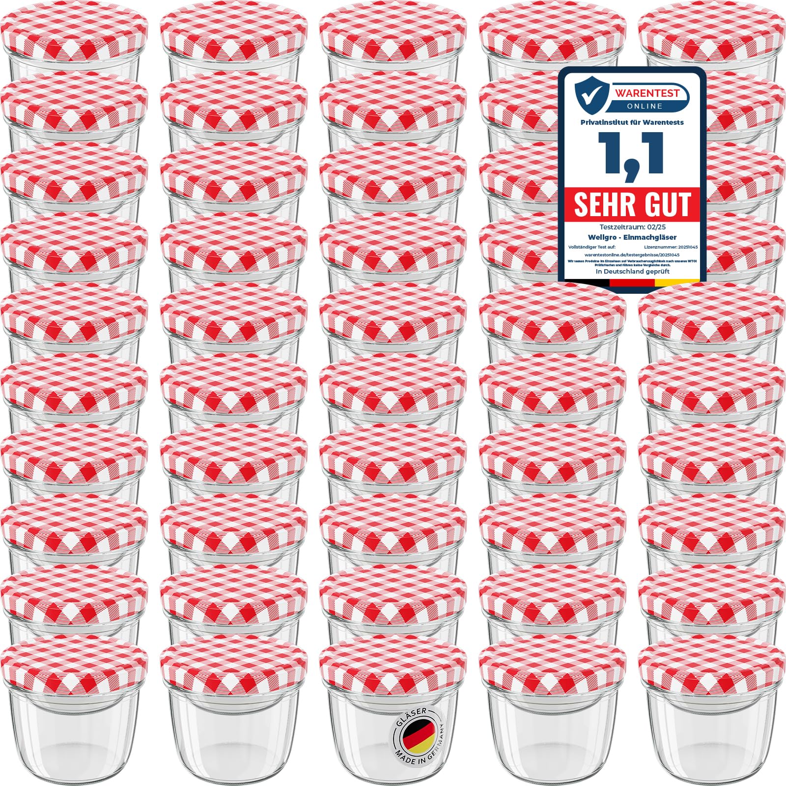 WELLGRO Einmachgläser 230ml mit Schraubdeckel 100er Set rot kariert: Mit rot karierten Deckeln für Konservierung.