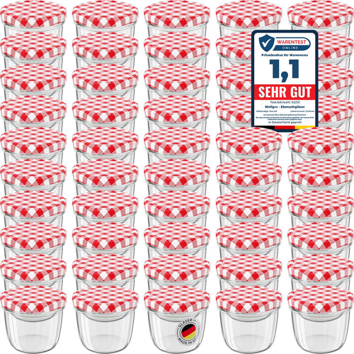 WELLGRO Einmachgläser 230ml mit Schraubdeckel 100er Set rot kariert: Mit rot karierten Deckeln für Konservierung.