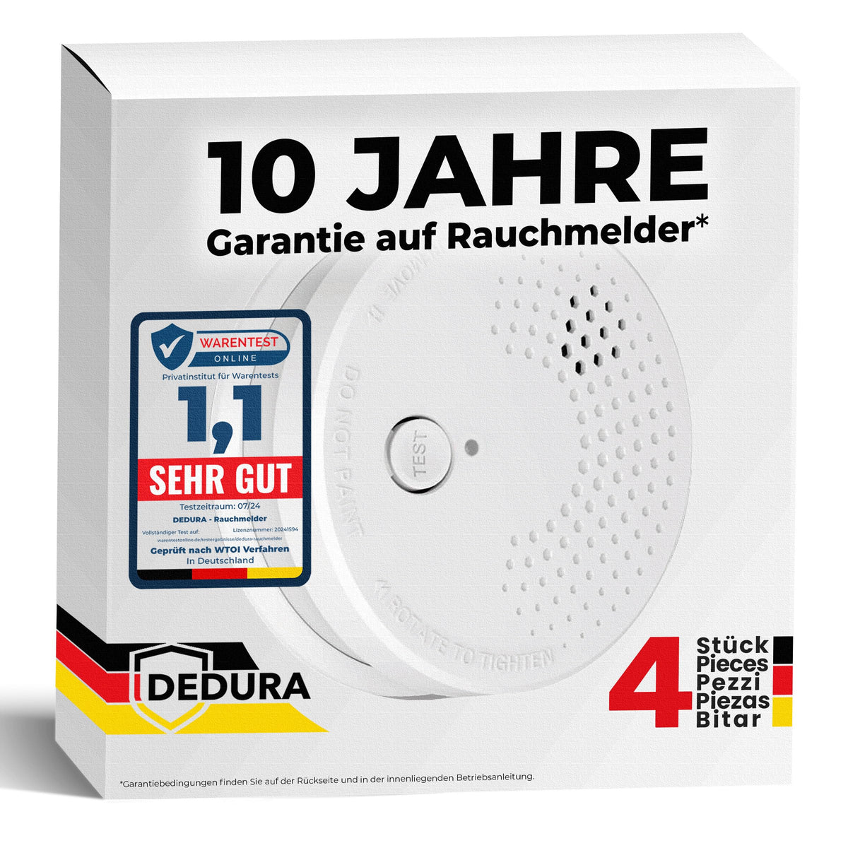 dedura Rauchmelder 4er-Set nach DIN EN 14604, inkl. 9V-Batterie