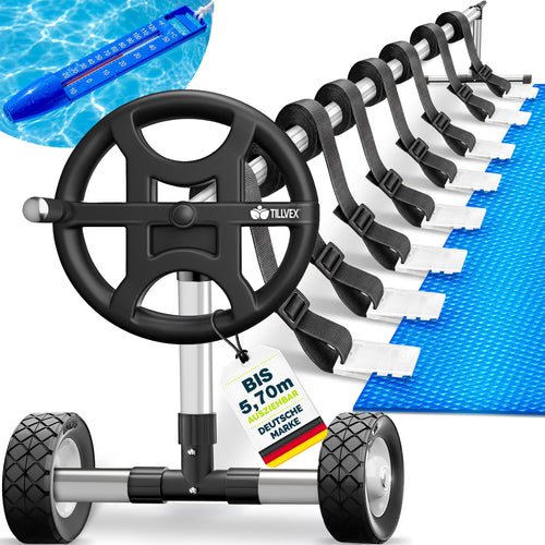 tillvex Pool Aufroller 3-5,70 m mit Vollgummireifen und Thermometer, Aluminium-Teleskoprohr und Handkurbel