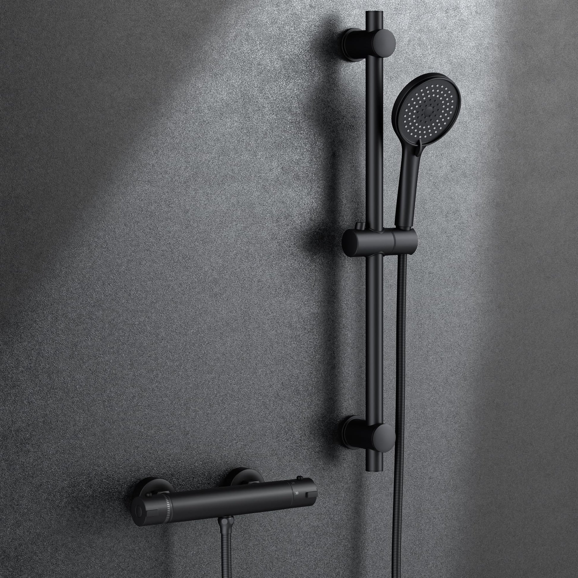 MORADO Duschsystem Thermostat – Schwarz mit Brausegarnitur. Duschsystem mit Thermostat, Brausegarnitur. Regelt Temperatur und Durchfluss beim Duschen.