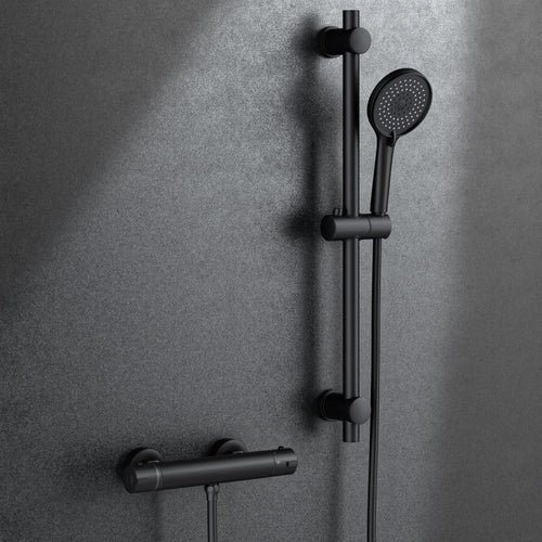 MORADO Duschsystem Thermostat – Schwarz mit Brausegarnitur. Duschsystem mit Thermostat, Brausegarnitur. Regelt Temperatur und Durchfluss beim Duschen.