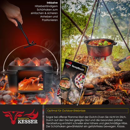 KESSER® Dutch Oven Set BBQ 9L - Gusseisen Feuertopf mit Füssen