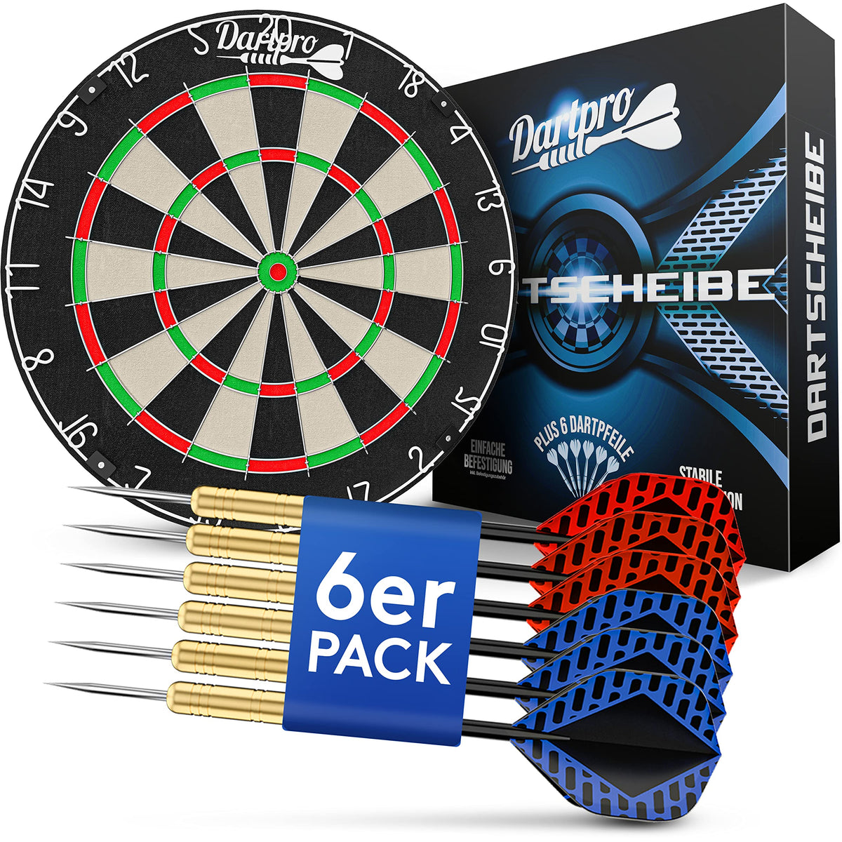 DartPro Steeldartscheibe aus Sisal - Dartboard-Set mit 6 Dartpfeilen, dünne Drähte für weniger Abpraller
