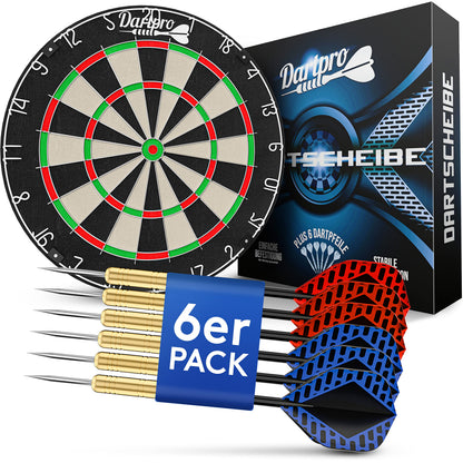 DartPro Steeldartscheibe aus Sisal - Dartboard-Set mit 6 Dartpfeilen, dünne Drähte für weniger Abpraller